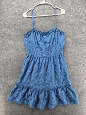 June & Hudson Dress Womens L Blue Sundress Smocked Ruffle Square Neck Polyester
